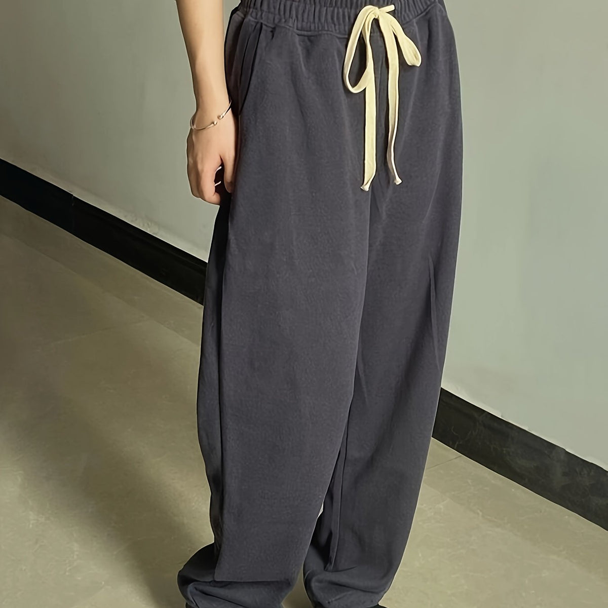 vlovelaw  Solid Drawstring Baggy Pants, Casual Slant Pocket Long Length Pants, Women's Clothing