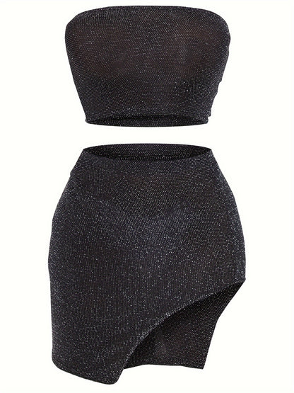vlovelaw Shinny Sexy Two-pieces, Tube Crop Top & Asymmetric High Waist Mini Skirt Outfits, Women's Clothing