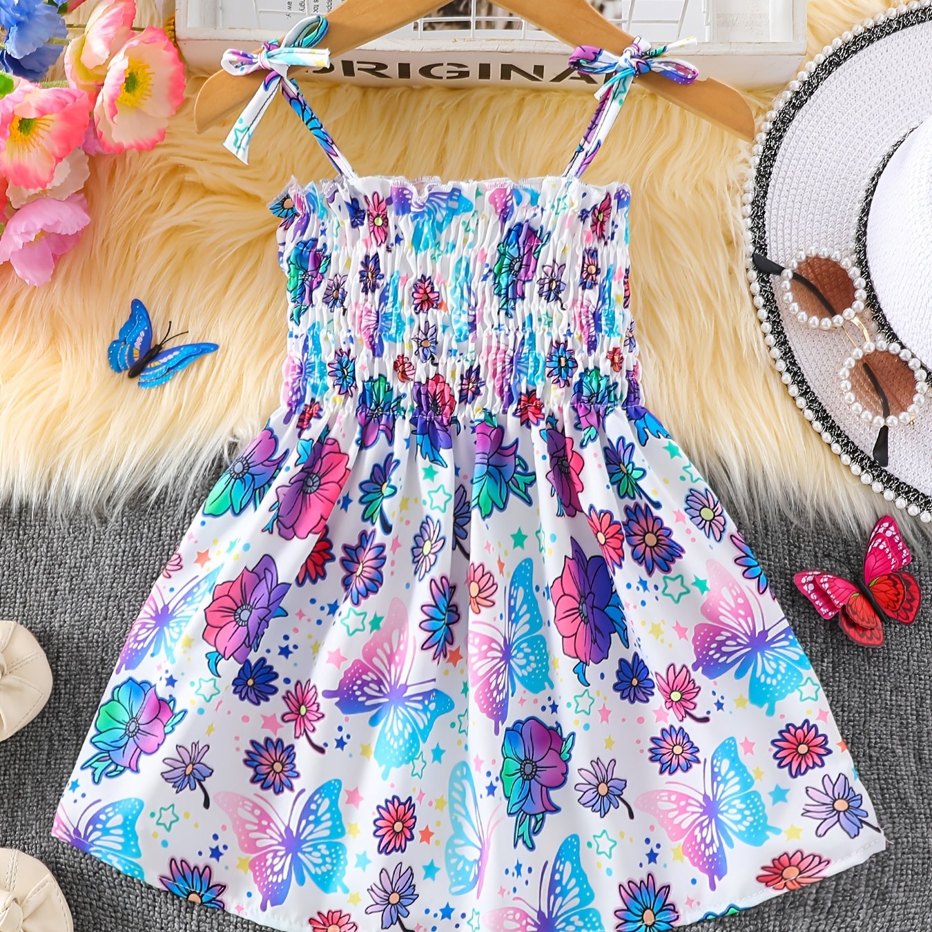Girls Whimsical Butterfly Print Sundress - Perfect for Warm Weather, Flowy and Lightweight with Adjustable Bowknot Shoulder Ties for All-Day Cool Comfort - Cute and Trendy Design for the Modern Girl