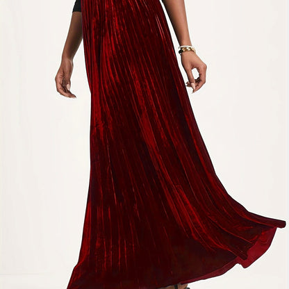 vlovelaw  Plus Size Retro Skirt, Women's Plus Solid Velvet Elastic High Rise Maxi Pleated Skirt