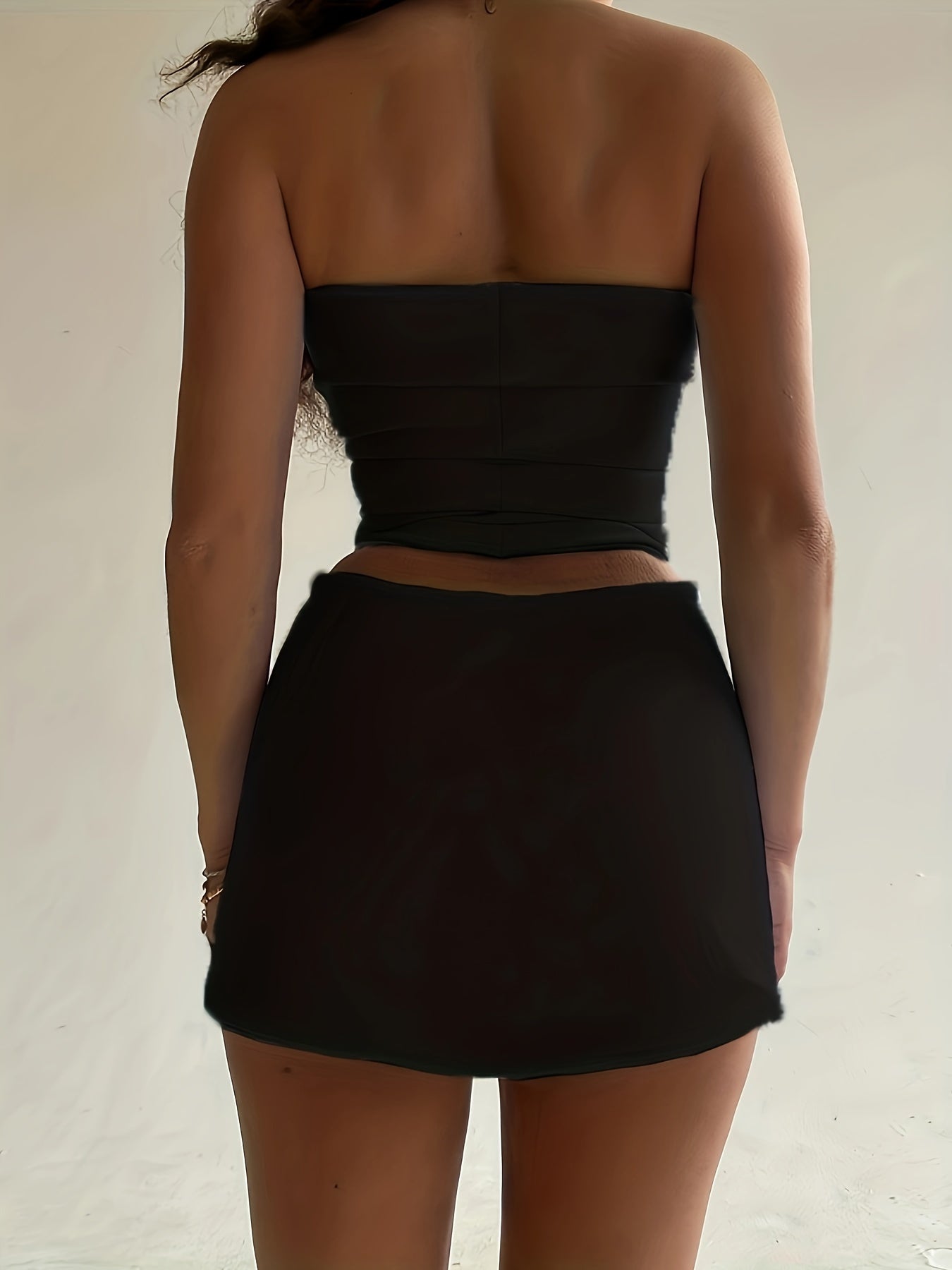 Solid Sexy Two-piece Set, Ruched Off Shoulder Tube Top & Bag Hip Mini Skirts Outfits, Women's Clothing