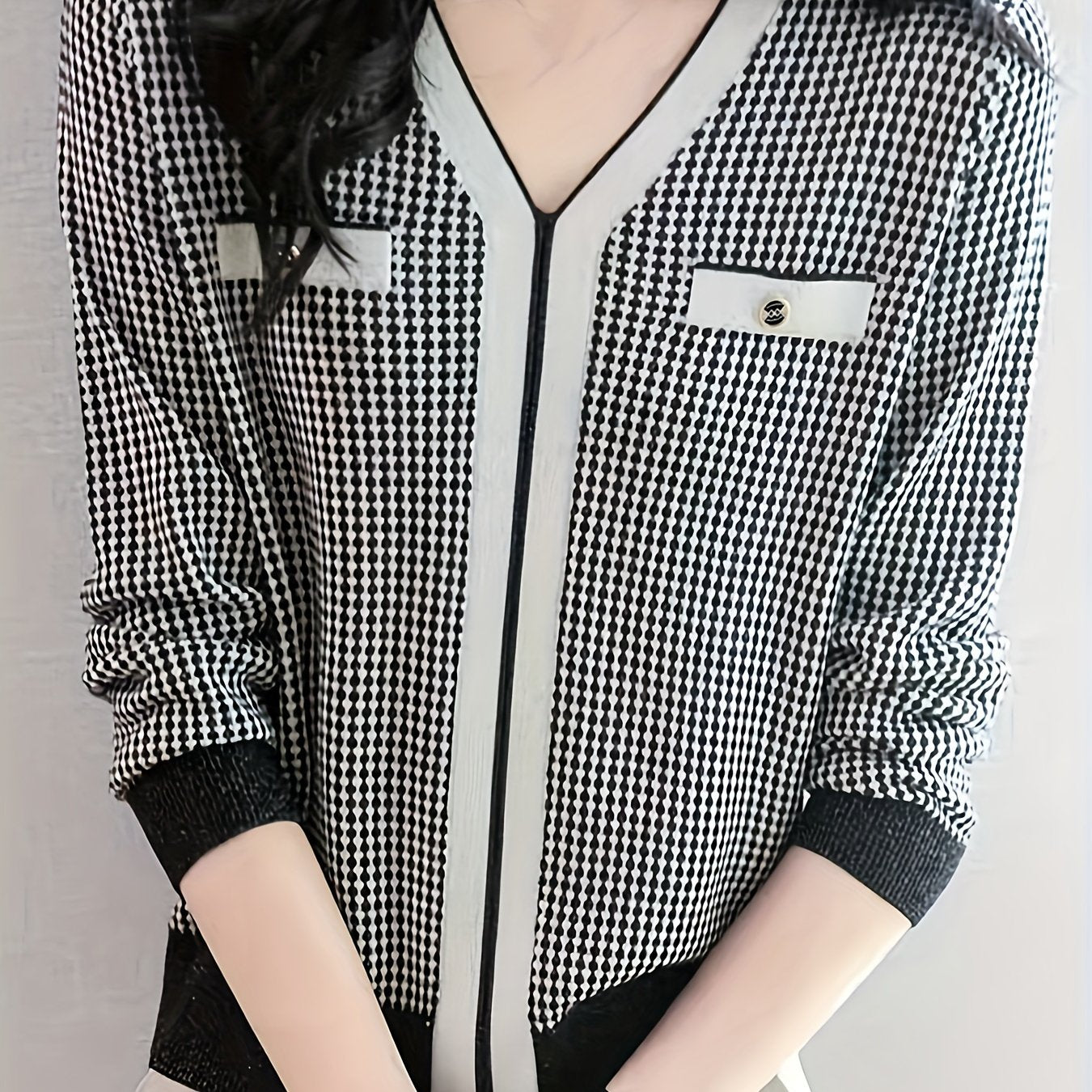 vlovelaw  Allover Pattern V Neck Sweater, Elegant Long Sleeve Sweater For Spring & Fall, Women's Clothing