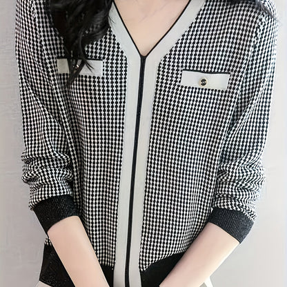 vlovelaw  Allover Pattern V Neck Sweater, Elegant Long Sleeve Sweater For Spring & Fall, Women's Clothing