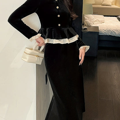 vlovelaw Elegant Velvet Two-piece Skirt Set, Contrast Trim Ruffle Trim Single Breasted Outwear & Solid Midi Skirt Outfits, Women's Clothing