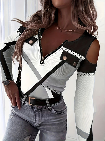 vlovelaw Zipper Color Block T-shirt, Casual Cold Shoulder Long Sleeve T-shirt, Women's Clothing