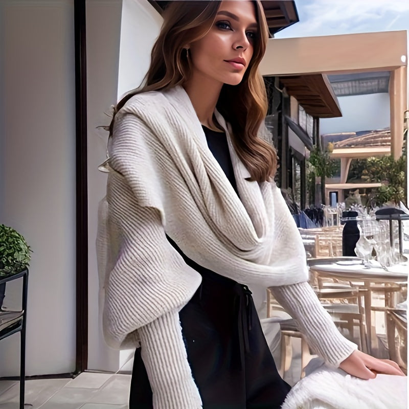 vlovelaw  vlovelaw  Mature Solid Color Knitted Shawl With Long Sleeves Thick Warm Inelastic Scarf Autumn Winter Coldproof Decorative Wrapped Shawl