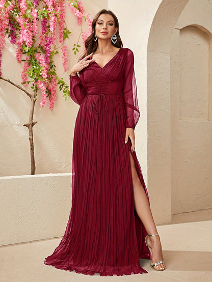 vlovelaw  Solid V Neck Dress, Elegant Long Sleeve Split Pleated A-line Dress For Spring & Fall, Women's Clothing