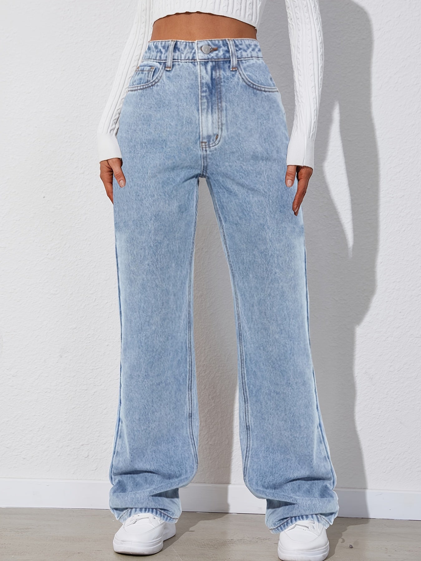 vlovelaw Light Blue Versatile Straight Jeans, Loose Fit Slash Pockets Baggy Denim Pants, Women's Denim Jeans & Clothing