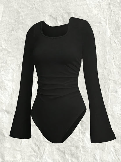 vlovelaw Solid Square Neck Slim Bodysuit, Elegant Bell Sleeve Bodysuit, Women's Clothing