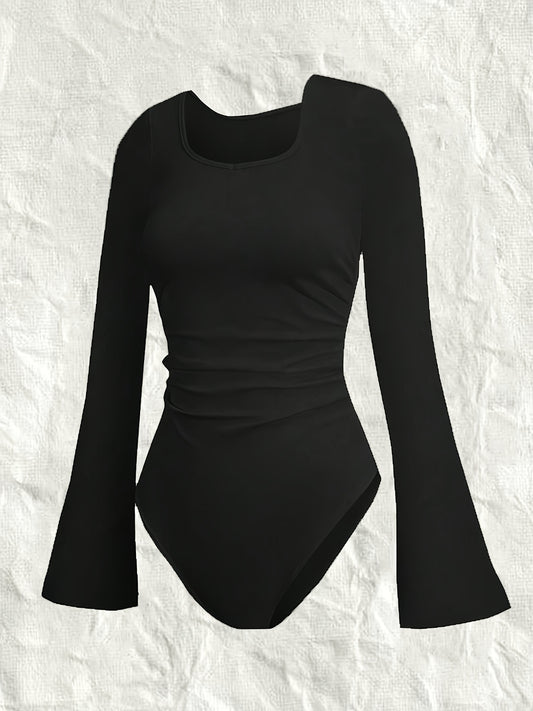 vlovelaw Solid Square Neck Slim Bodysuit, Elegant Bell Sleeve Bodysuit, Women's Clothing