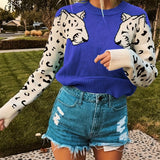 vlovelaw Contrast Leopard Pattern Crew Neck Knit Top, Casual Long Sleeve Pullover Sweater For Fall & Winter, Women's Clothing