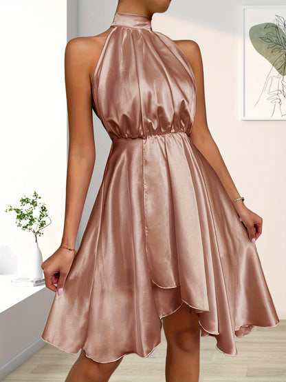 Cinched Waist Sleeveless Dress, Solid Tie Back Asymmetrical Hem Dress, Women's Clothing