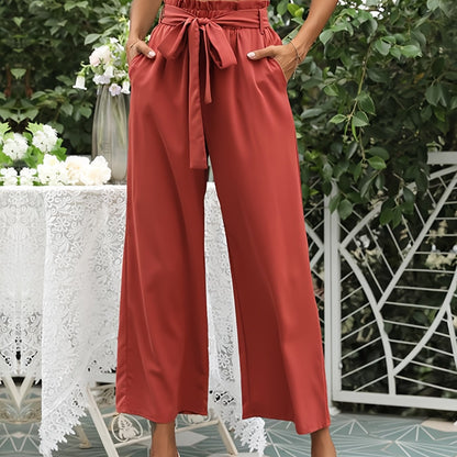 vlovelaw  Boho Smocked Wide Leg Pants, Casual High Waist Tie Front Solid Palazzo Pants, Women's Clothing