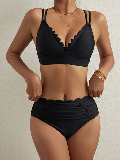 Womens High Stretch Polyamide Bikini Set - Scalloped Trim Top, Ruched High Cut Bottom, Cross Back, Self-Tie Closure, Comfortable Summer Beach Swimwear with Customized Style and Knit Fabric