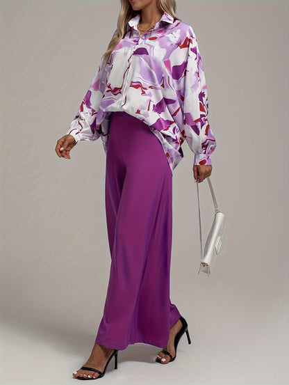 vlovelaw Elegant Two-piece Set, Allover Print Button Front Shirt & Solid High Waist Wide Leg Pants Outfits, Women's Clothing
