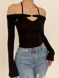 vlovelaw  Solid Sexy Two-piece Set, Off Shoulder Long Sleeve Tops & Backless Halter Top Outfits, Women's Clothing