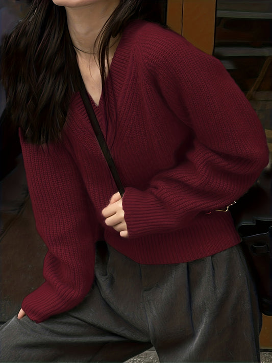 vlovelaw  Solid Knit Pullover Sweater, Casual V Neck Long Sleeve Sweater, Women's Clothing