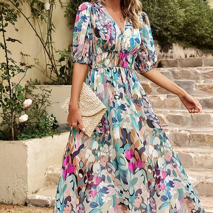vlovelaw  Floral Print V Neck Dress, Boho Short Sleeve Ruched Waist Dress For Spring & Summer, Women's Clothing