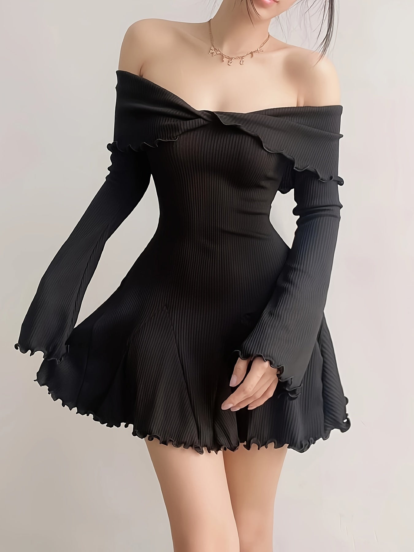 vlovelaw  Twist Front Off Shoulder Mini Dress, Elegant Long Sleeve A-line Dress, Women's Clothing