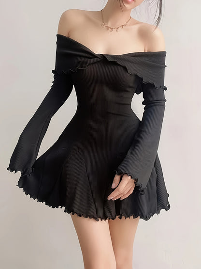 vlovelaw  Twist Front Off Shoulder Mini Dress, Elegant Long Sleeve A-line Dress, Women's Clothing