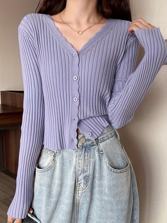 vlovelaw  Solid Button Down Rib Knit Cardigan, Elegant Long Sleeve Slim Sweater For Spring & Fall, Women's Clothing