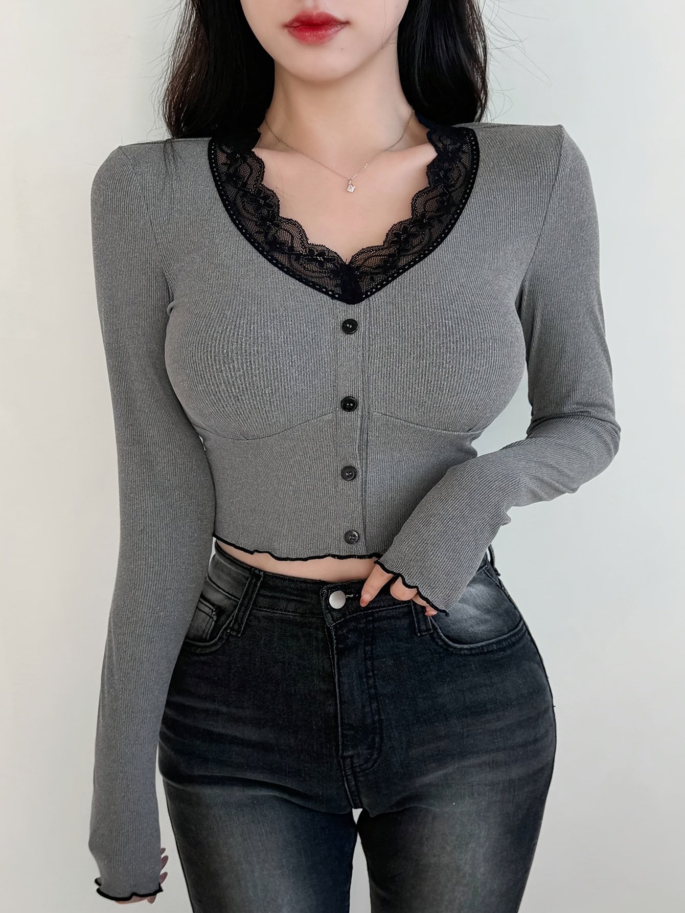 Elegant V-Neck Button-Up Long Sleeve T-Shirt for Women – Solid Color Knit Polyester Blend Top with Lace Details, Stretch Fit for All Seasons