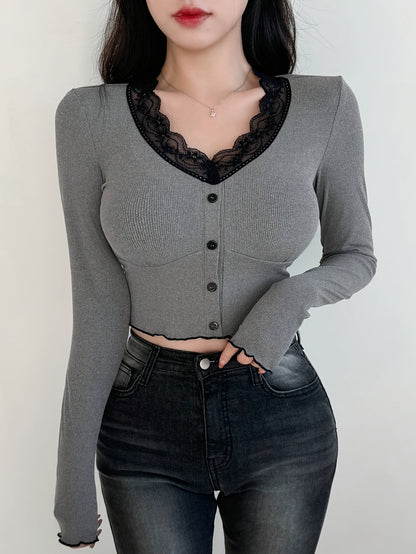 Elegant V-Neck Button-Up Long Sleeve T-Shirt for Women – Solid Color Knit Polyester Blend Top with Lace Details, Stretch Fit for All Seasons