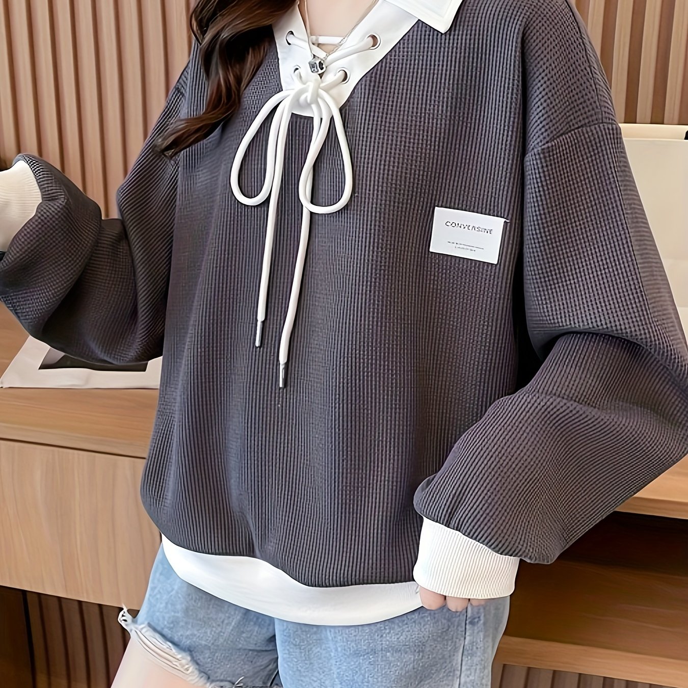 vlovelaw  Color Block Lapel Pullover Sweatshirt, Casual Long Sleeve Crisscross Drawstring Sweatshirt For Fall & Winter, Women's Clothing