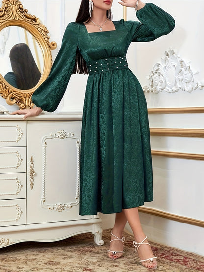 vlovelaw  Square Neck Cinched Waist Dress, Elegant Long Sleeve Dress For Spring & Fall, Women's Clothing