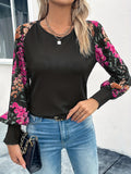 vlovelaw  Floral Print Splicing Blouse, Casual Crew Neck Long Sleeve Blouse, Women's Clothing