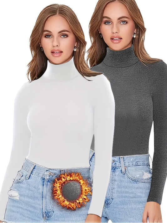 vlovelaw 2 Packs Warm Turtleneck T-Shirts, Casual Long Sleeve Top For Spring & Fall, Women's Clothing