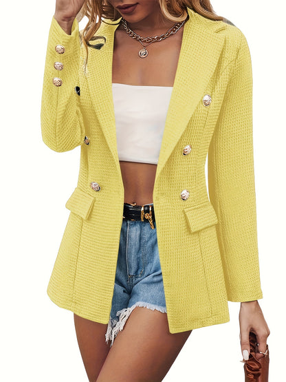 vlovelaw  Lapel Double Breasted Blazer, Elegant Long Sleeve Work Office Outerwear With Pockets, Women's Clothing