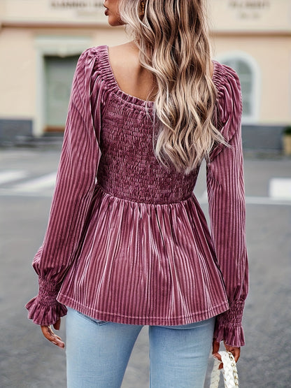 vlovelaw Shirred Velvet Square Neck T-Shirt, Elegant Long Sleeve Top For Spring & Fall, Women's Clothing