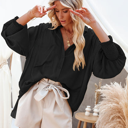 vlovelaw  Button Front Pocket Shirred Shirt, Casual Lantern Sleeve Shirt For Spring & Fall, Women's Clothing