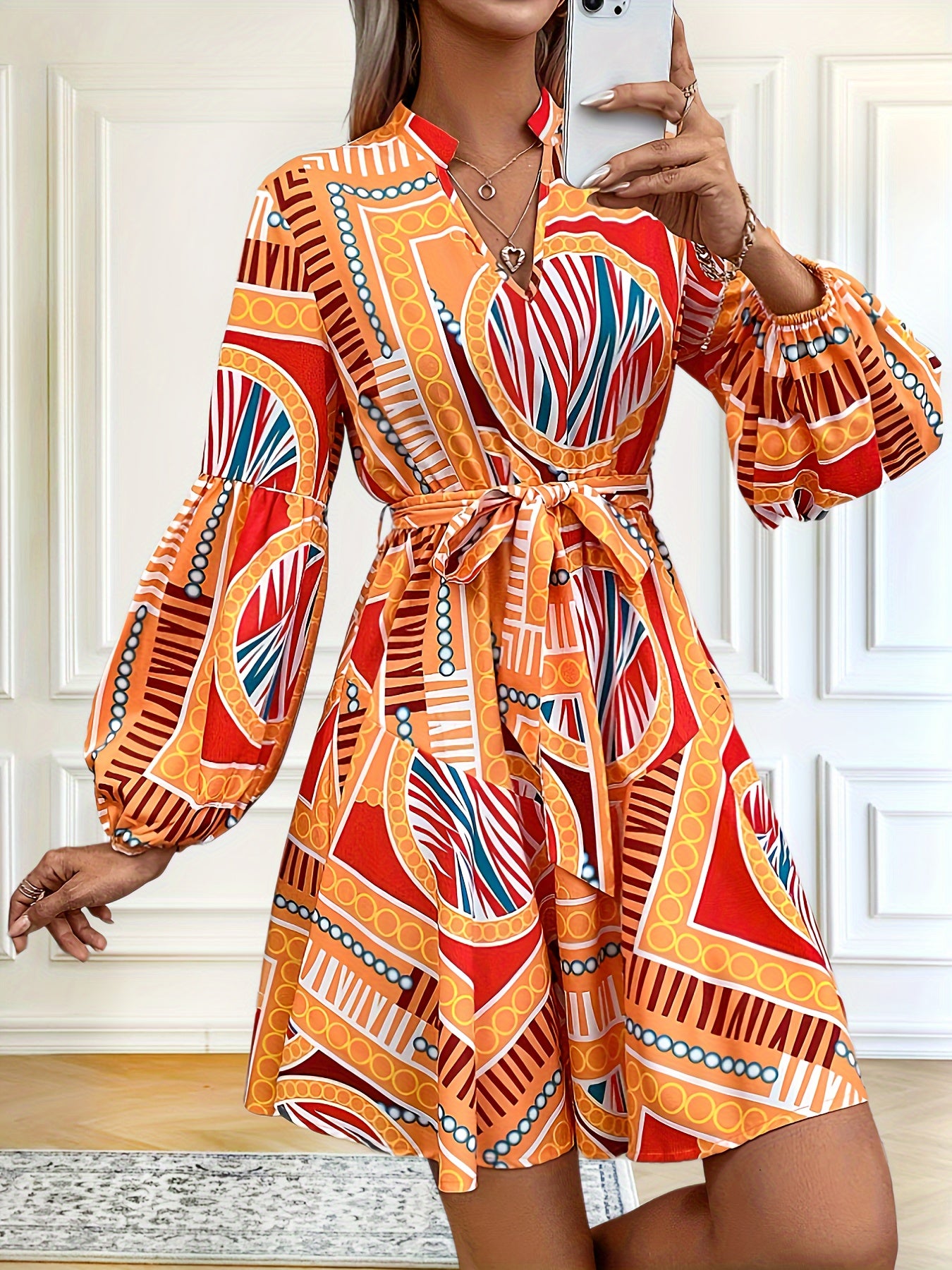 vlovelaw Allover Print V Neck Dress, Vintage Long Sleeve Belted Dress, Women's Clothing
