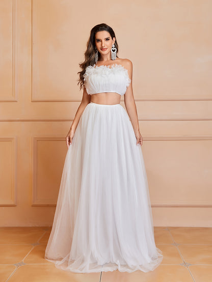 vlovelaw  Mesh Ruffle Trim Matching Two-piece Skirt Set, Elegant Crop Sleeveless Tube Top & High Waist Loose Skirt Outfits, Women's Clothing