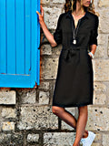 vlovelaw  Tie Waist Shirt Collar Dress With Pockets On Left Chest, Solid Casual Dress For Spring & Fall, Women's Clothing