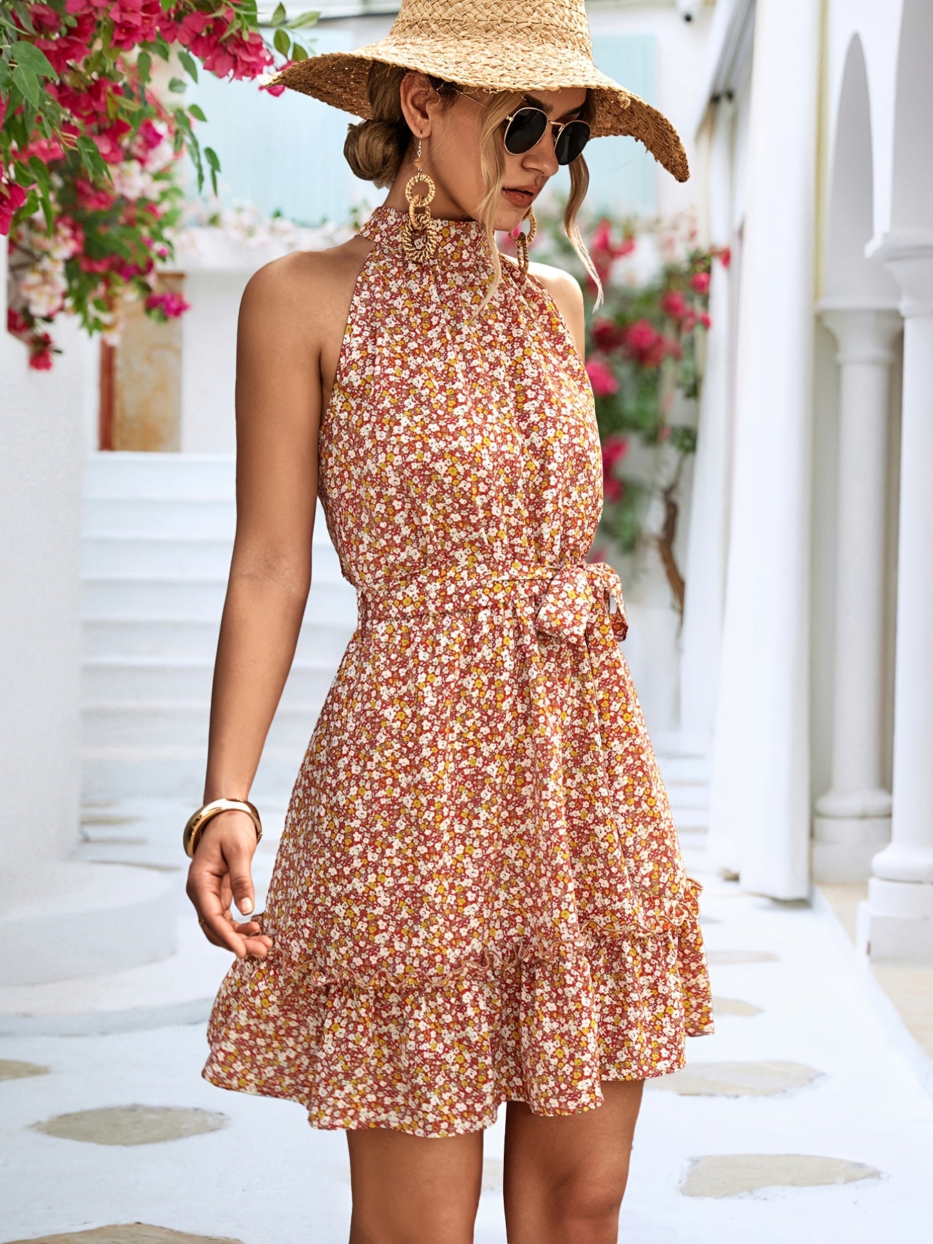 vlovelaw  Floral Print Belted Halter Neck Dress, Sleeveless Casual Dress For Summer & Spring, Women's Clothing
