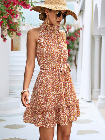 vlovelaw  Floral Print Belted Halter Neck Dress, Sleeveless Casual Dress For Summer & Spring, Women's Clothing