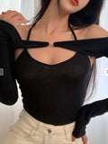 vlovelaw  Solid Sexy Two-piece Set, Off Shoulder Long Sleeve Tops & Backless Halter Top Outfits, Women's Clothing