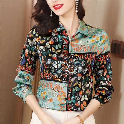Ribbon Bow Women Silk Print Shirt Polka Dot Long Sleeve Button Up Blouses Office Ladies Casual Shirts Spring Autumn Designer Blouse Fine Elegant Tops Woman