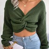 Knotted V Neck Crop Sweater, Casual Lantern Long Sleeve Loose Fall Winter Crop Knit Sweater, Women's Clothing