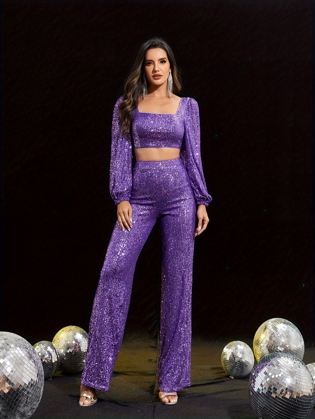 vlovelaw  Sequin Elegant Two-piece Set, Zip Back Square Neck Long Sleeve Top & Pants Outfits, Women's Clothing