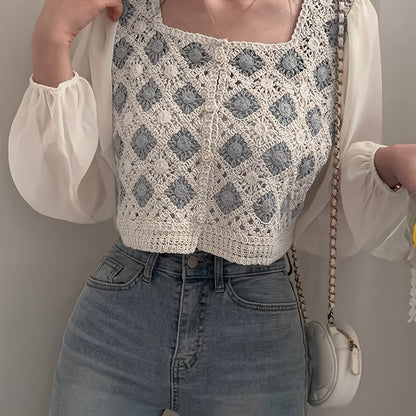 vlovelaw  Color Block Crochet Cardigan, Versatile Square Neck Long Sleeve Splicing Knitted Top, Women's Clothing