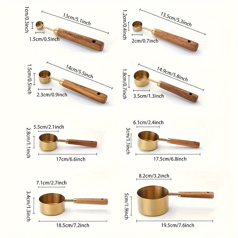 8pcs Set Stainless Steel Measuring Cups And Spoons With Acacia Wood Handles, Durable Kitchen Baking Tools, Includes Spice Spoon & Coffee Scoop, Nesting Design For Easy Storage