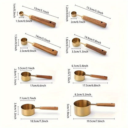 8pcs Set Stainless Steel Measuring Cups And Spoons With Acacia Wood Handles, Durable Kitchen Baking Tools, Includes Spice Spoon & Coffee Scoop, Nesting Design For Easy Storage