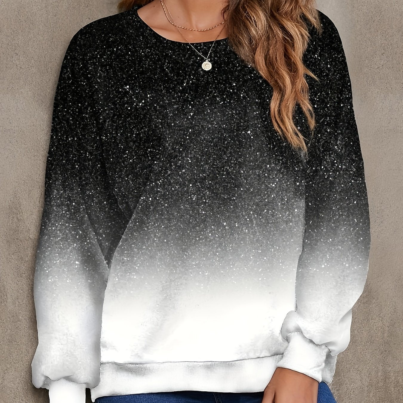 vlovelaw  Plus Size Casual Sweatshirt, Women's Plus Glitter Ombre Print Long Sleeve Round Neck Medium Stretch Pullover Top