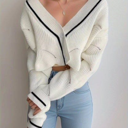 Stylish Button Down Knit Cardigan, Elegant Long Sleeve Crop Sweater, Women's Clothing
