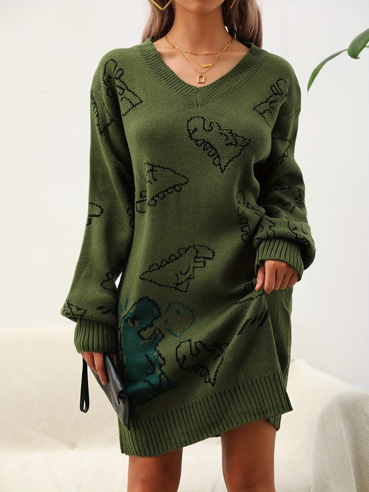 vlovelaw Cute Dinosaur Pattern V Neck Dress, Casual Long Sleeve Knitted Dress, Women's Clothing