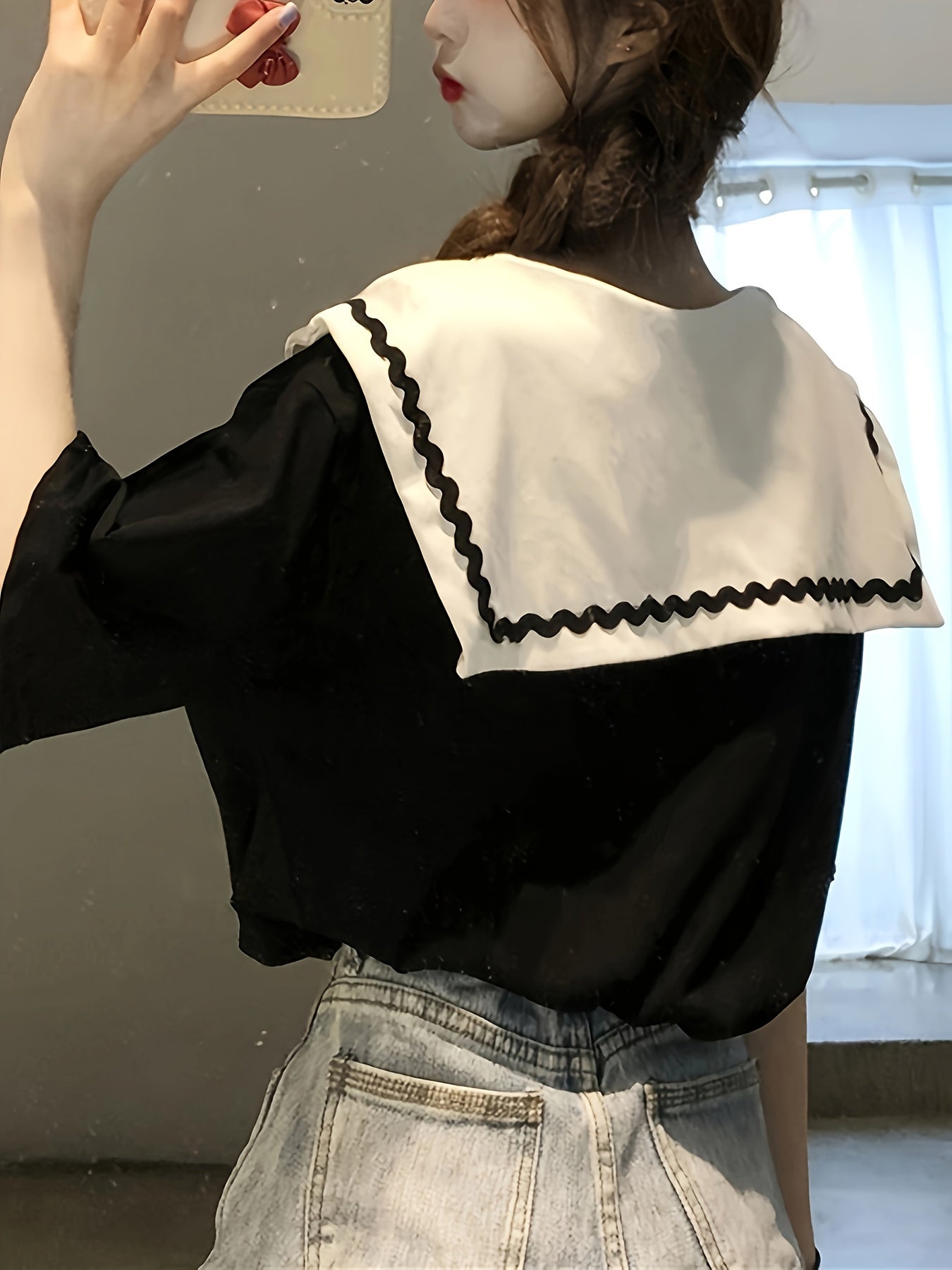 vlovelaw Color Block Sailor Collar T-Shirt, Casual Short Sleeve Top For Spring & Summer, Women's Clothing